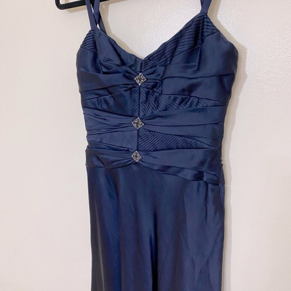 Badgley Mischka Navy Blue Silk Midi Dress 0